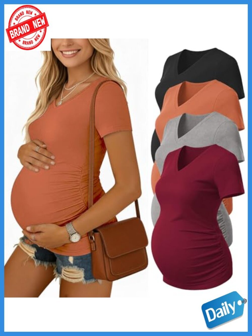 Maternity T-Shirts 4 Pack V-Neck Short Sleeve Ruched Side Pregnancy Tops